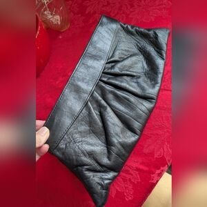 Authentic Lauren Merkin Black Leather Clutch Pink Striped Textured Fabric inside